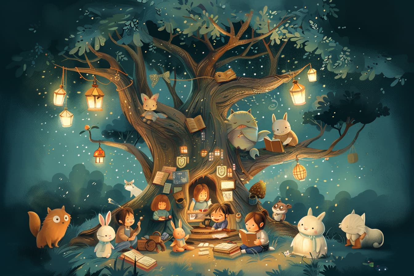 Illustration of children and animals sitting around a hollow, glowing tree, reading books.