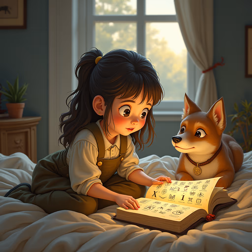 A young girl named Nova sits on her bed reading a dusty book filled with strange symbols. Her dog Bella lies at her feet, looking up at her with curiosity. The scene is warm and inviting and hints at an upcoming adventure.