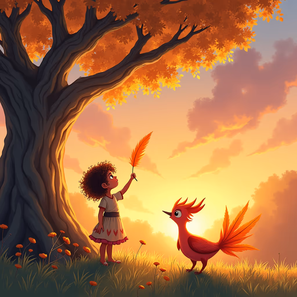 A little girl named Alva stands beneath a great tree with golden branches in a magical glade. Beside her is a phoenix with red and orange feathers. Alva reaches up toward a sparkling feather stuck on a branch. The sky is pink and orange at sunset.