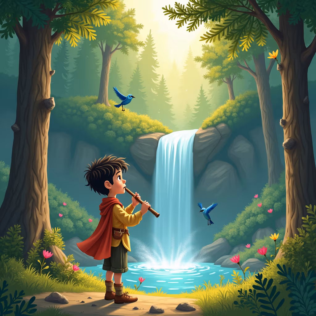 A boy in a red cloak stands before a waterfall in the forest and plays the flute. Sunlight streams through the trees as two blue birds fly in the air.