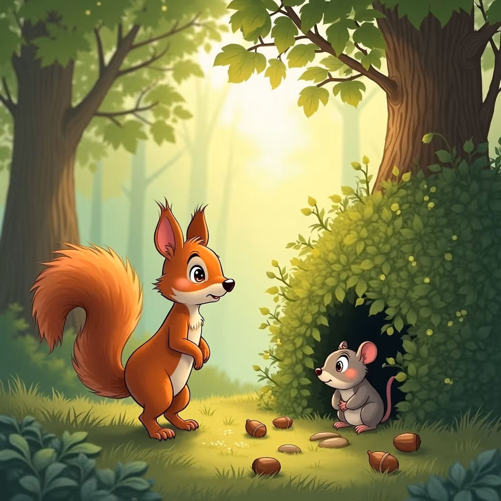 A small squirrel named Sophie stands at the edge of a dense bush in a green forest. She looks determined, with her fluffy tail up and wise eyes. Nearby, the little mouse Molly peeks out, looking embarrassed. Acorns lie around them, symbolizing their friendship and cooperation.