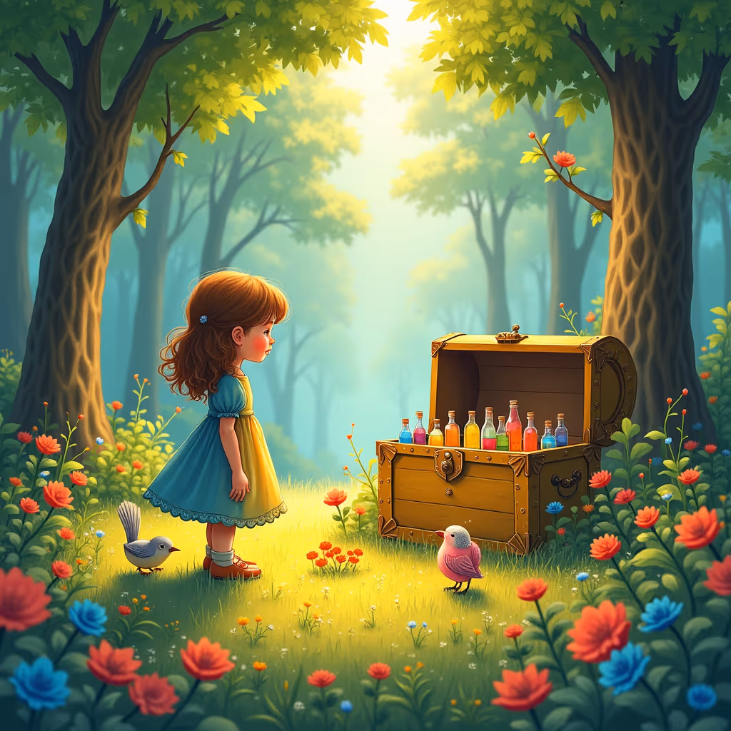 A little girl named Tilda stands in a forest clearing before an old golden chest filled with colorful glass bottles. The sun shines softly through the trees, and the grass sparkles in different colors. A couple of birds sit on the ground beside her.