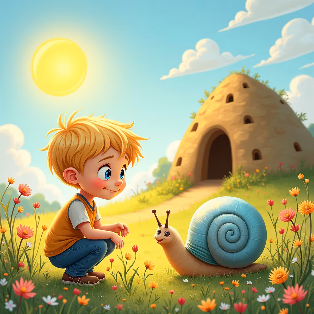 A blond, blue-eyed boy bends down toward a small snail with a shimmering shell in a colorful meadow. Behind them is a large earthen mound with small entrances, and the sun shines warmly over them.