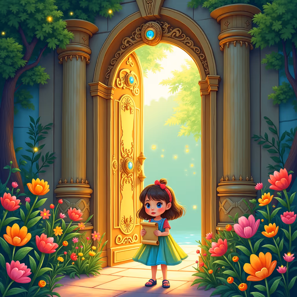 A little girl named Livia stands before a large, ornate gate in a magical garden. She has curious eyes and wears a colorful dress. Livia holds an old parchment in her hands.