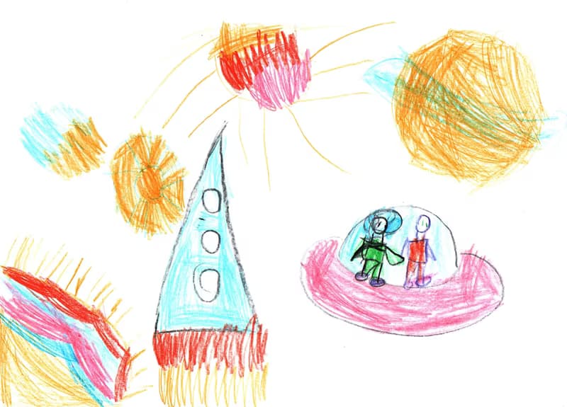 A drawing of a flying saucer in space with two people inside. One person wears a red spacesuit, the other wears a green spacesuit. Planets and stars surround them.