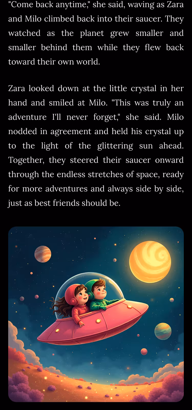 The ending of a story created from the drawing where Zara and Milo talk about an adventure they will never forget. Below the story is a new illustration matching the drawing, showing Zara and Milo in a pink spaceship flying among stars and planets.