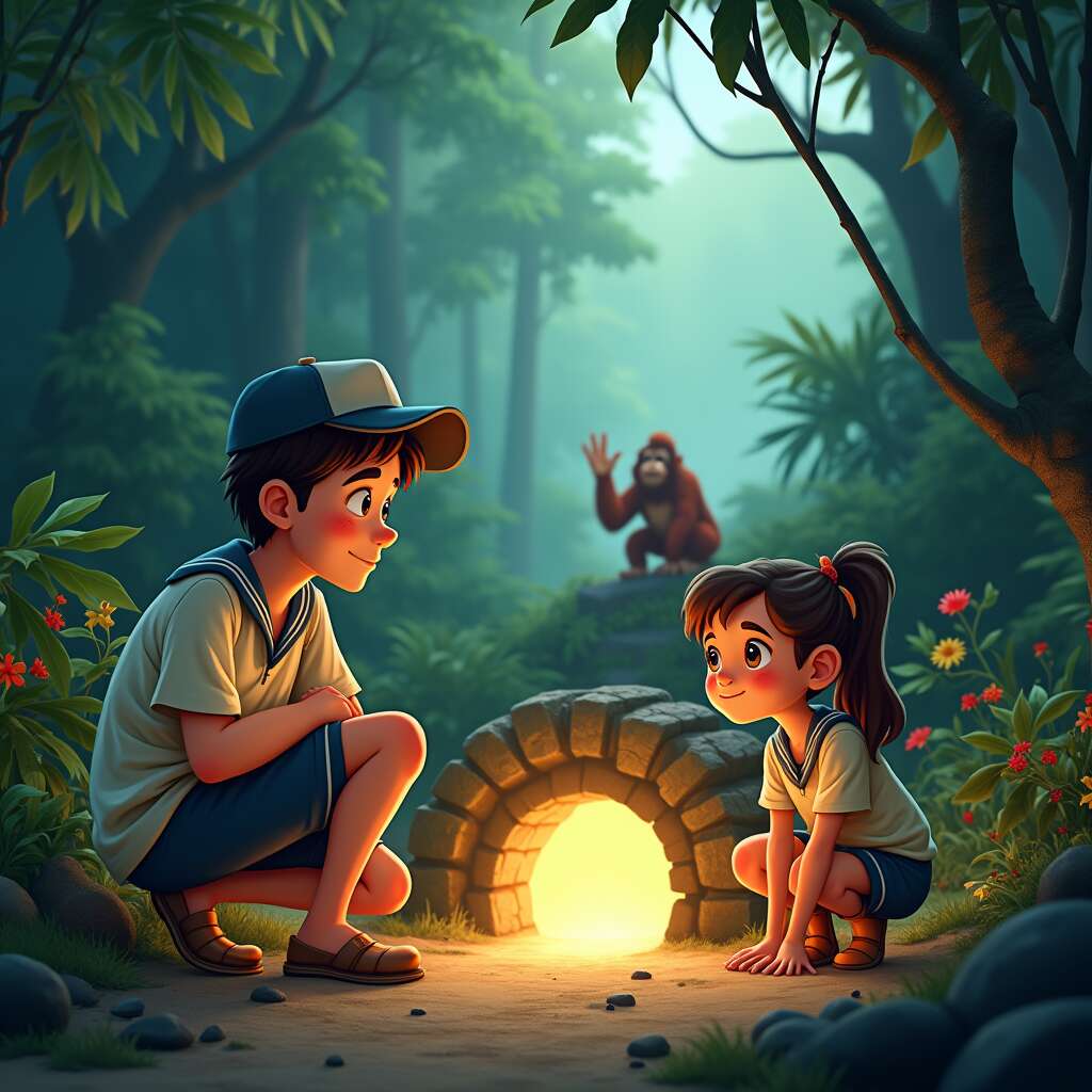 Max and Ella kneel by the entrance to a small glowing tunnel on a mysterious island. Max looks thoughtful and rests his hand on the tunnel's edge, while Ella, full of curiosity, looks eager. A green, flourishing jungle surrounds them, and in the background the friendly orangutan waves. The atmosphere feels magical and full of adventure.