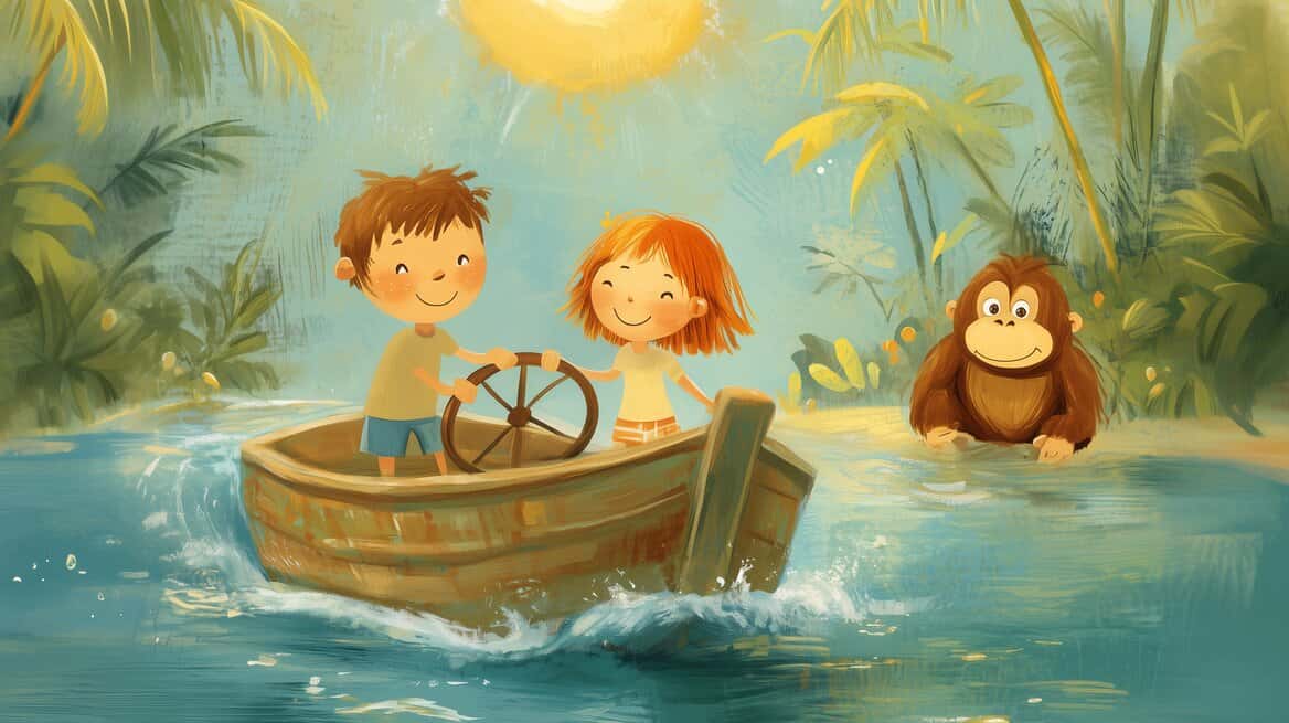 Max and Ella in a boat on the sea with an orangutan in the distance watching.