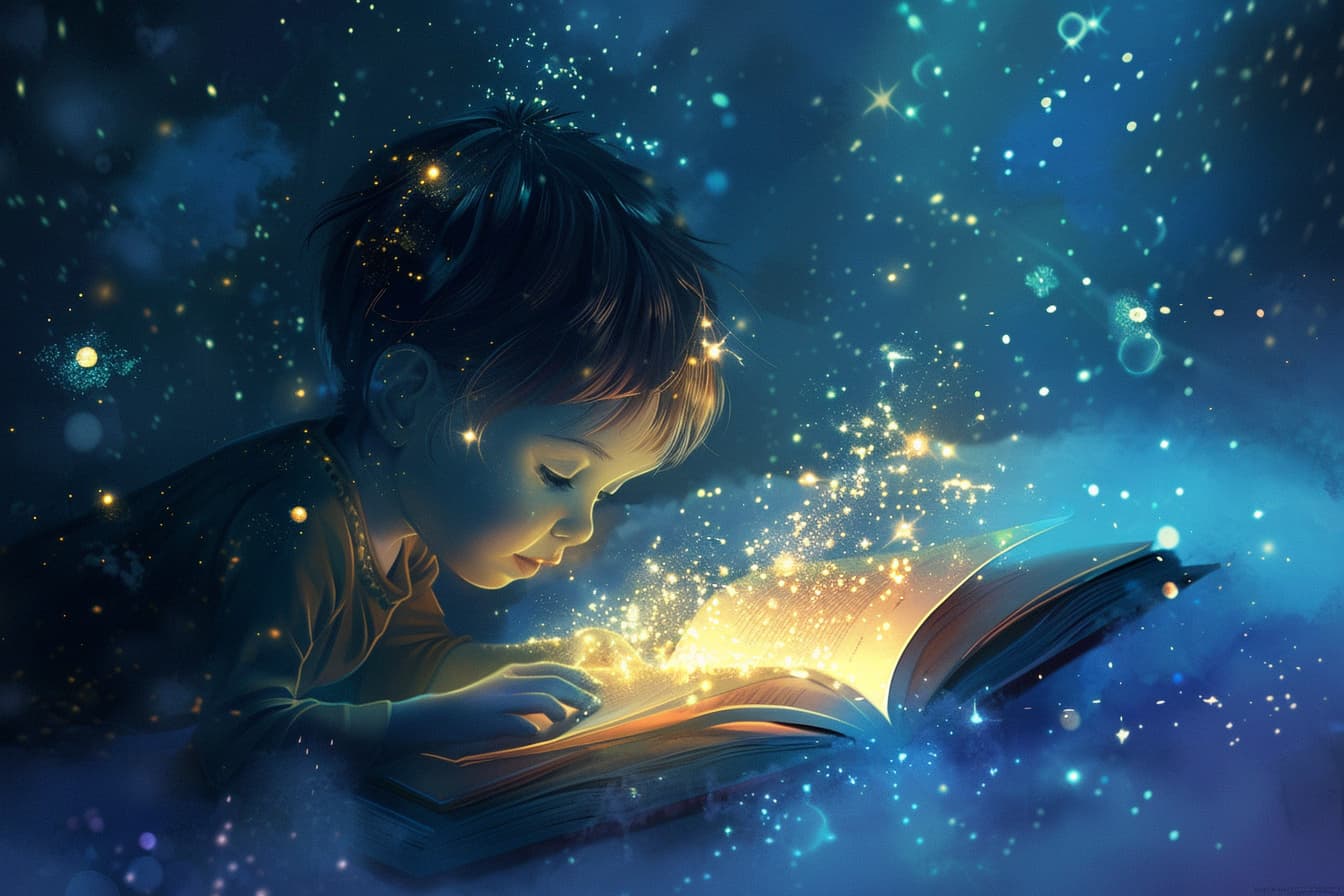 A child is lying and reading a magical book that enchants the room.