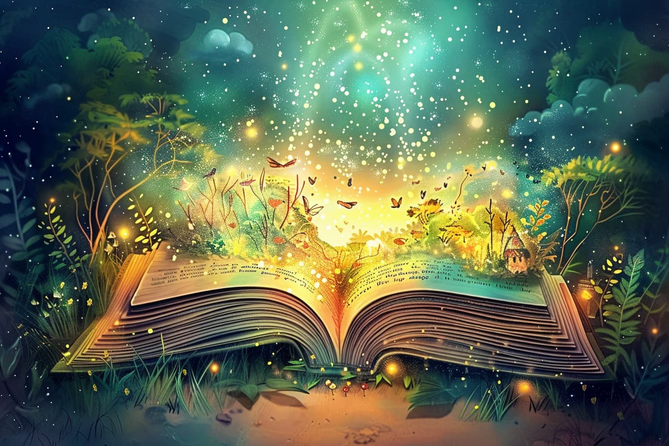 A magical story grows from an open book lying on the ground in the forest.