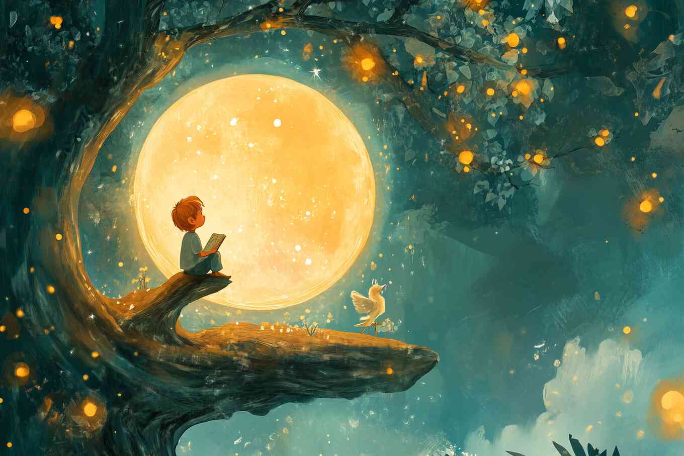 A child sits on a branch in a shimmering tree reading a book with a large moon glowing in the background