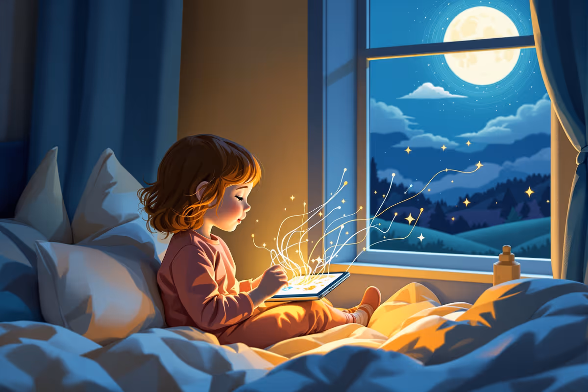 Child reading a personalized digital story on a tablet with vibrant AI-generated light patterns surrounding the screen