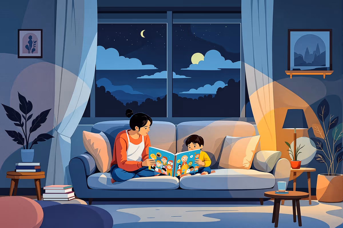 Parent and child reading an expressive picture book together in a warmly lit living room.