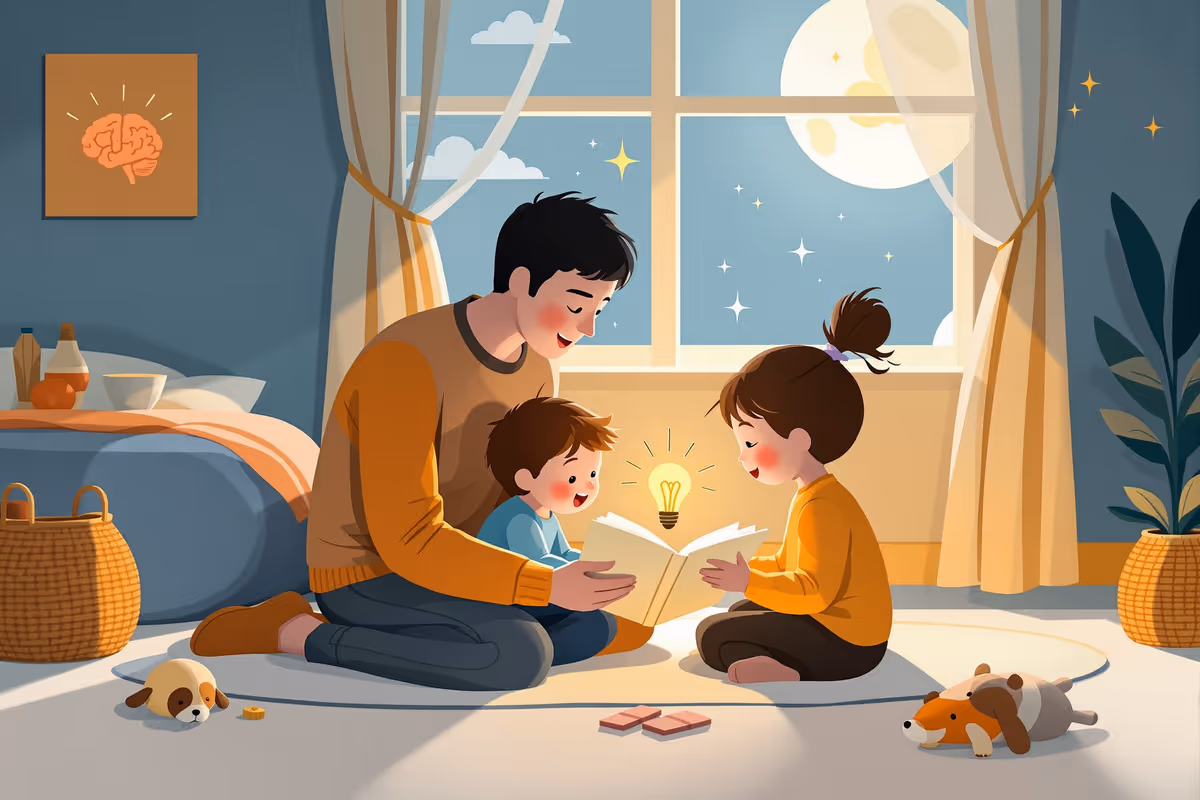 Parent reading an illustrated book to two attentive children with brain and lightbulb icons representing memory and focus benefits