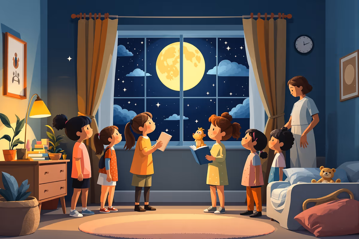 Elementary students practicing public speaking through a storytelling activity in a classroom, with one child presenting and classmates listening.