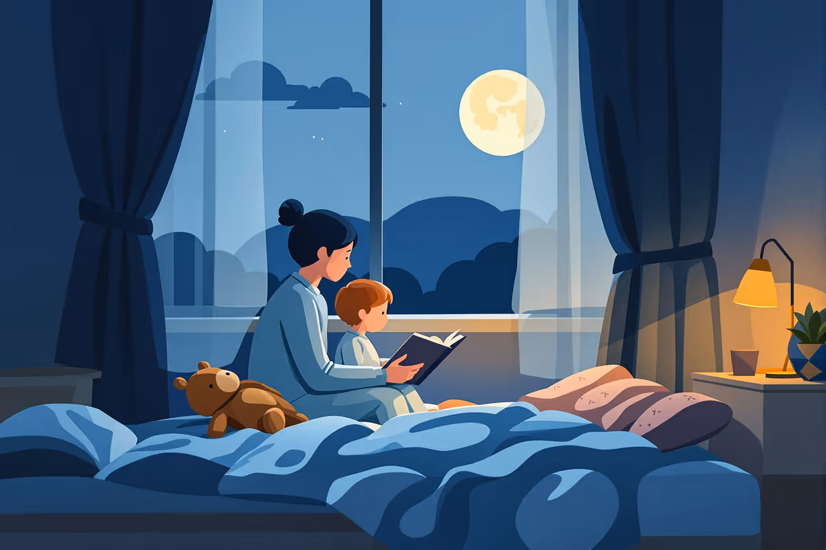 Parent reading a bedtime story to a young child in a cozy, softly lit bedroom