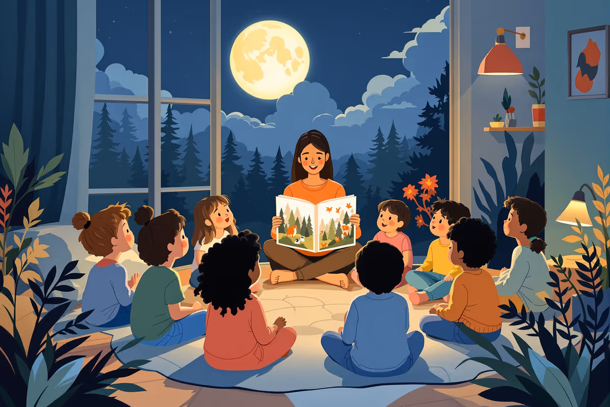 Teacher reading an environmental picture book to a diverse group of children seated on grass in a park