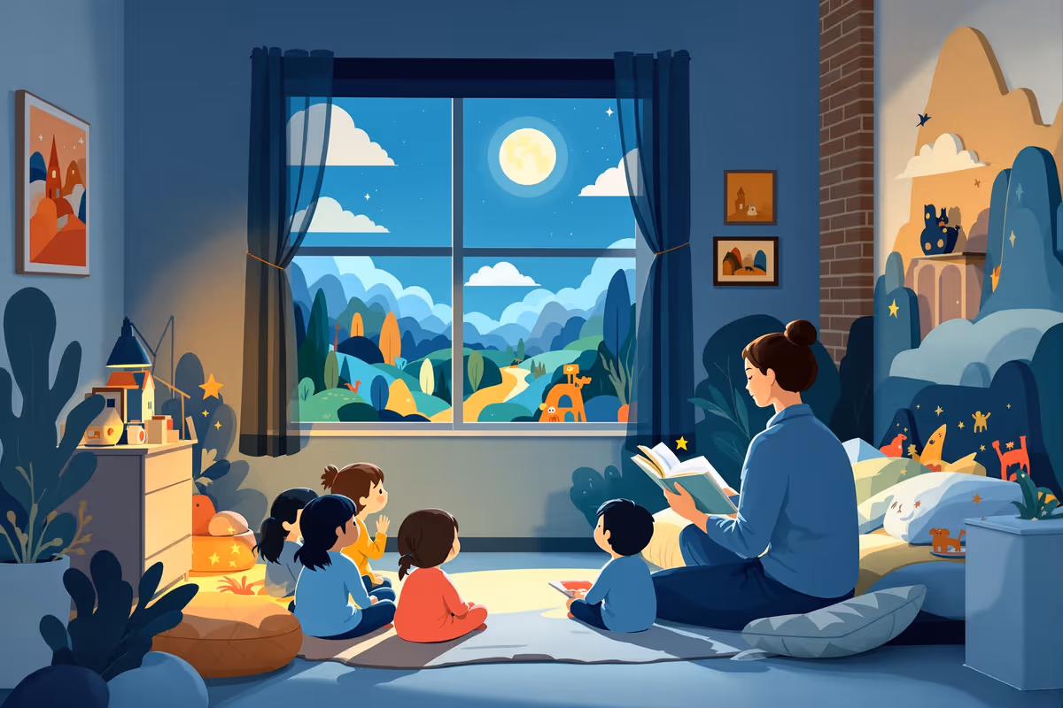 Children captivated by a teacher reading an illustrated book in a colorful, imagination-themed reading nook
