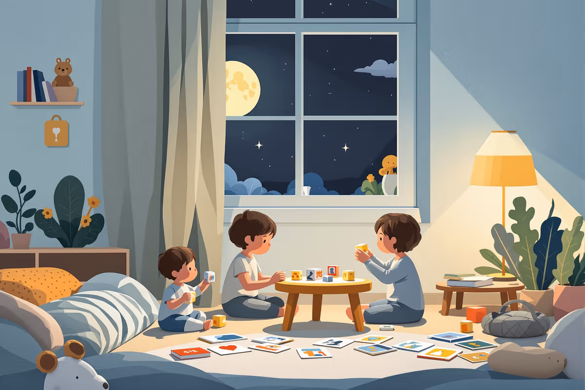 Children playing with story cubes and a puppet in a colorful playroom setting