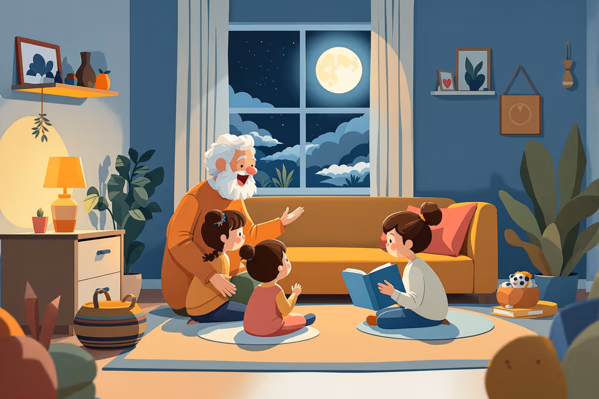 Grandparent sharing a traditional story with children surrounded by cultural artifacts