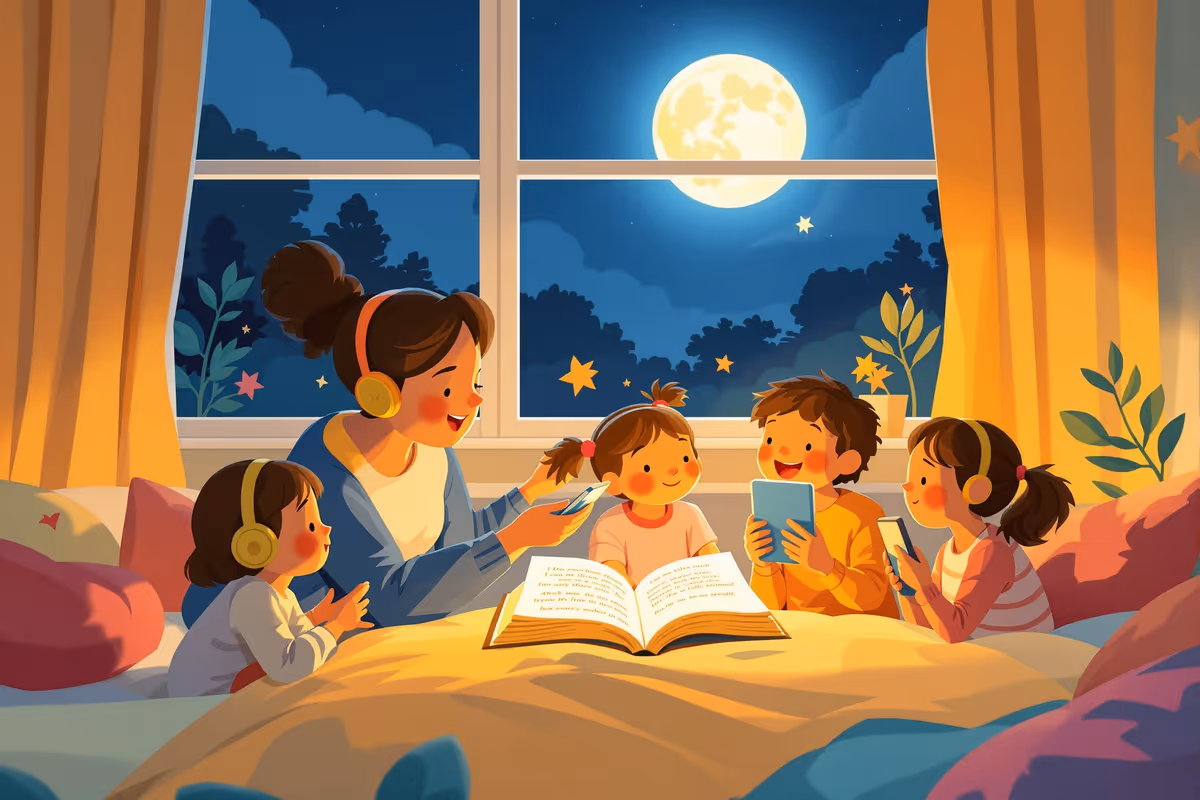 Teacher reading an accessible picture book to children with varied learning aids, including braille pages, headphones, and a tablet with text-to-speech.