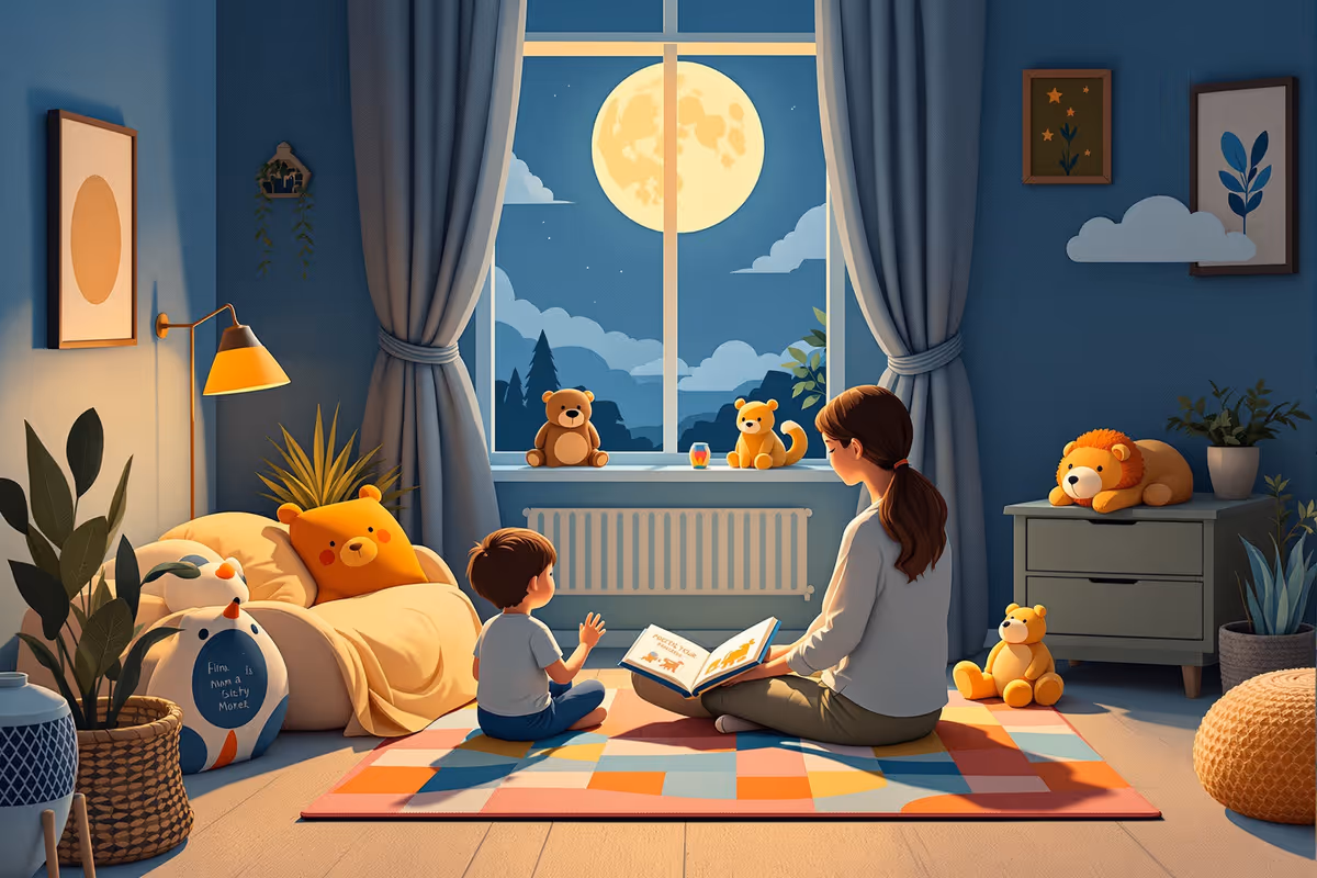 Therapist and child reading an illustrated book on a rug in a cozy therapy room filled with stuffed animals and soft lighting, conveying safety and emotional support.