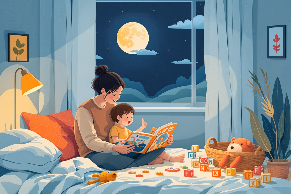 Parent and preschool child reading a colorful picture book together in a cozy corner with alphabet blocks on the floor.