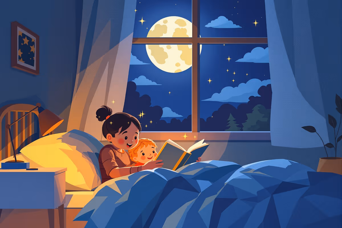 Parent reading an illustrated storybook to a preschooler while highlighted brain icons illustrate cognitive activation.