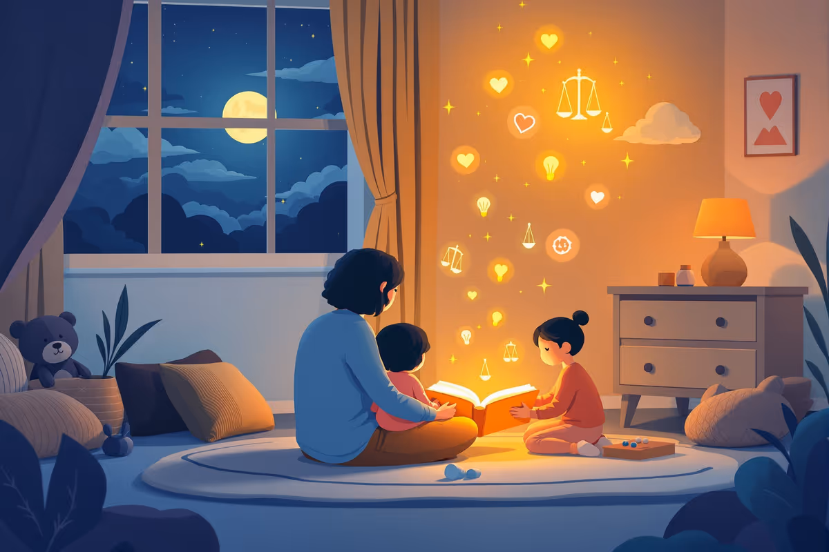 Parent and child reading together while symbolic icons of morality and understanding glow above the book.