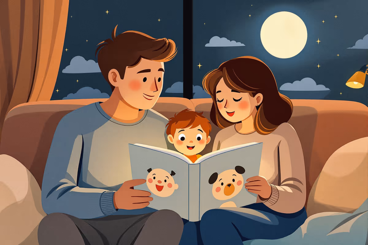 A parent and child sit together reading a picture book with expressive faces, sharing and understanding emotions through the story.