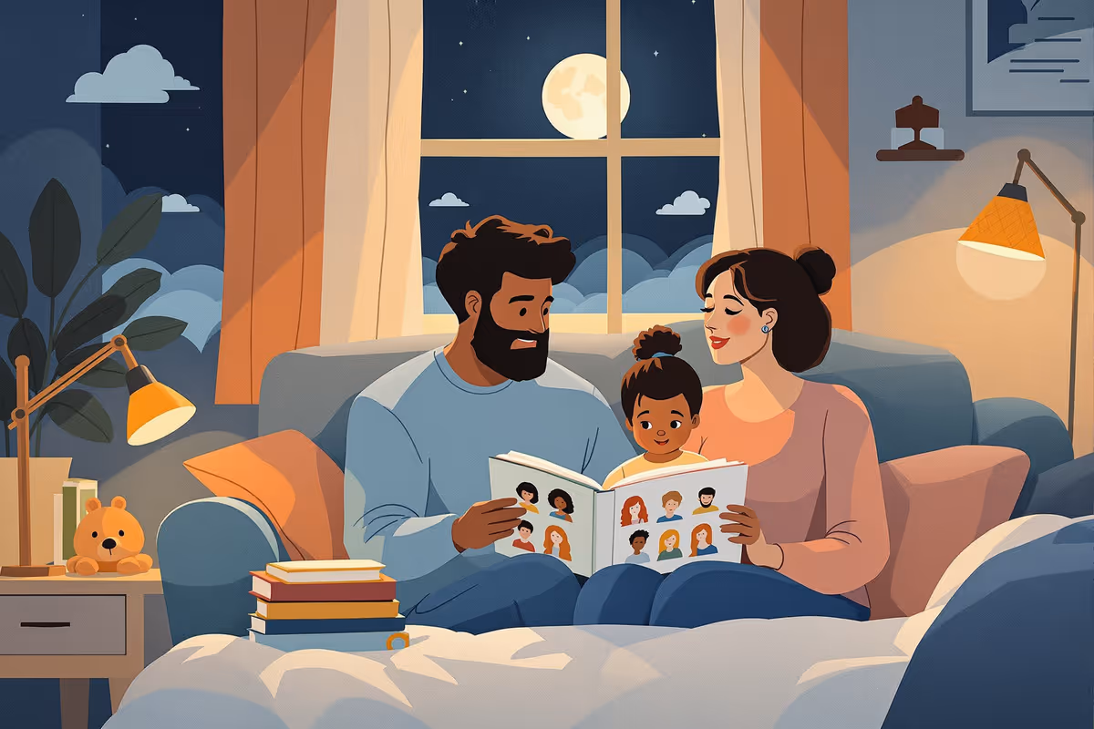 Parent reading an inclusive picture book with a child, pointing to characters’ expressions to discuss feelings.